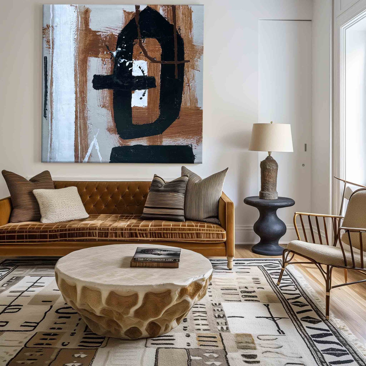 Contemporary Black Brown Abstract Oil Painting for Modern Home Decor