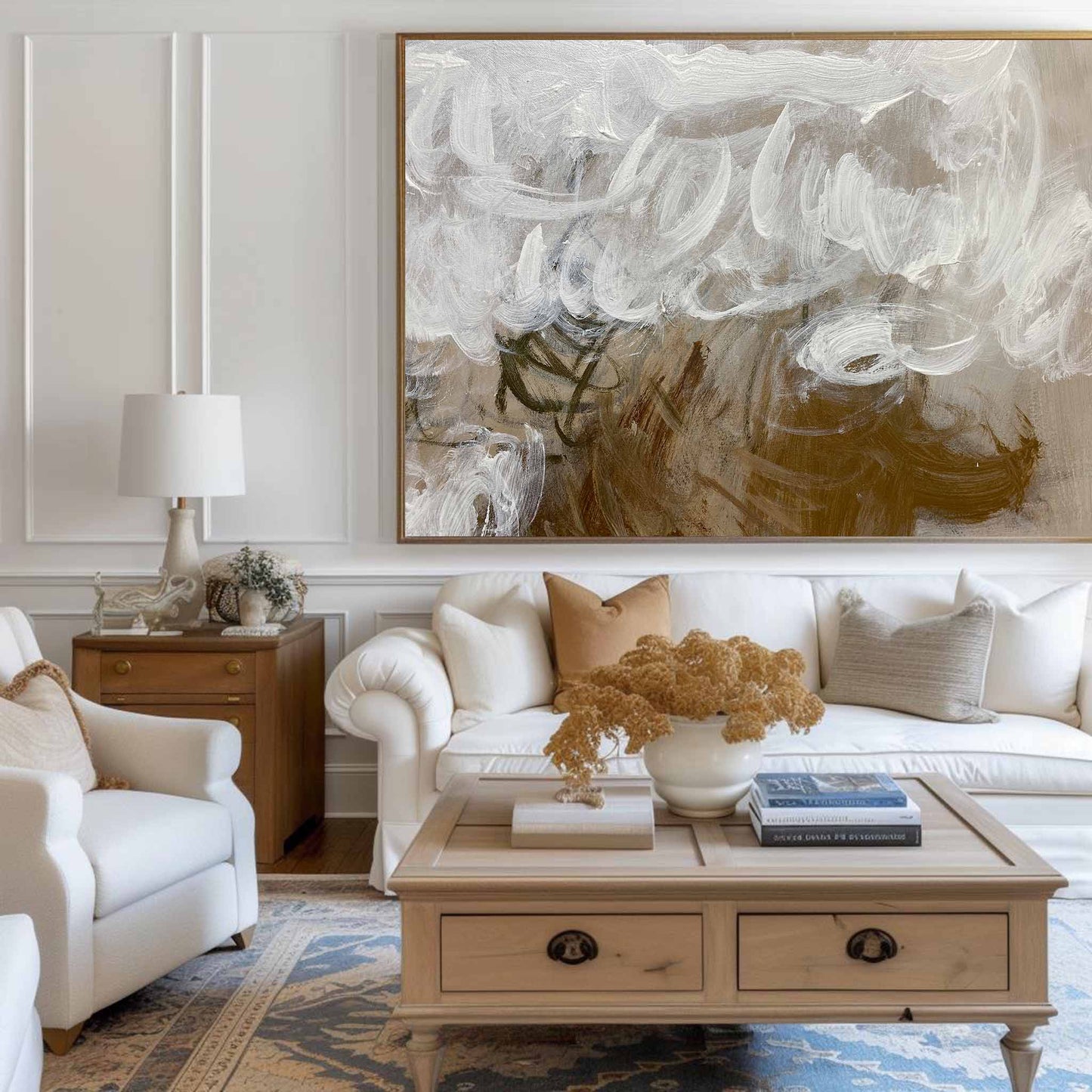 Contemporary Abstract Oil Painting with Dynamic Brushwork and Calming Tones