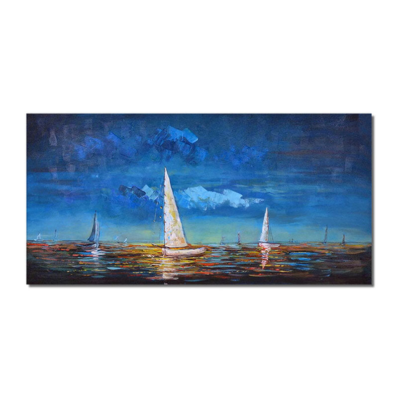 Tranquil Sunset Sail: Ocean View Oil Painting for Serene Home Décor