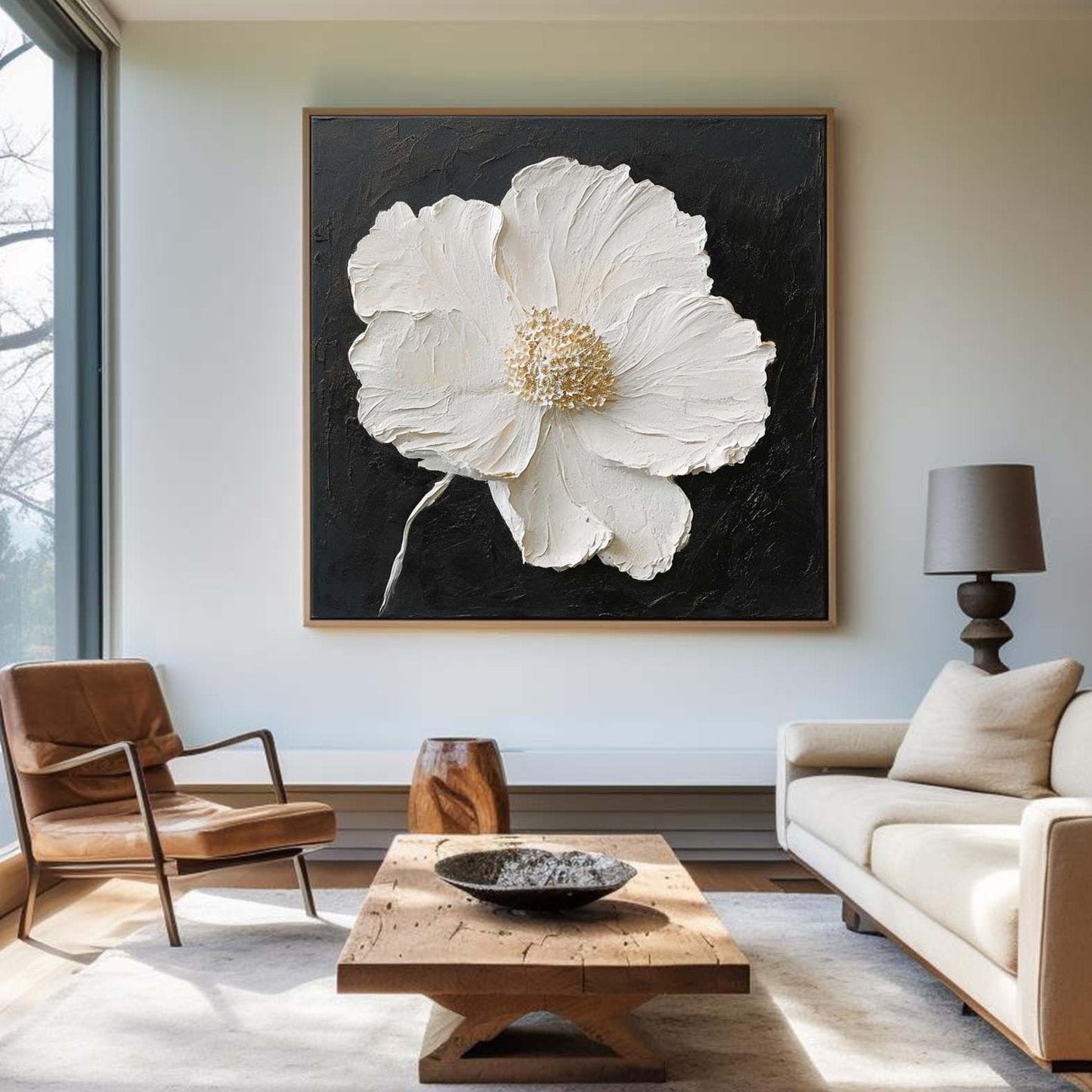 Elegant White Flower Abstract Oil Painting on Black Canvas for Modern Decor