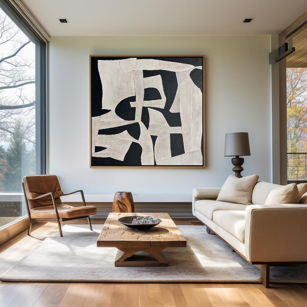 Chic Modern Abstract Oil Painting in Black and White for Stylish Home Décor