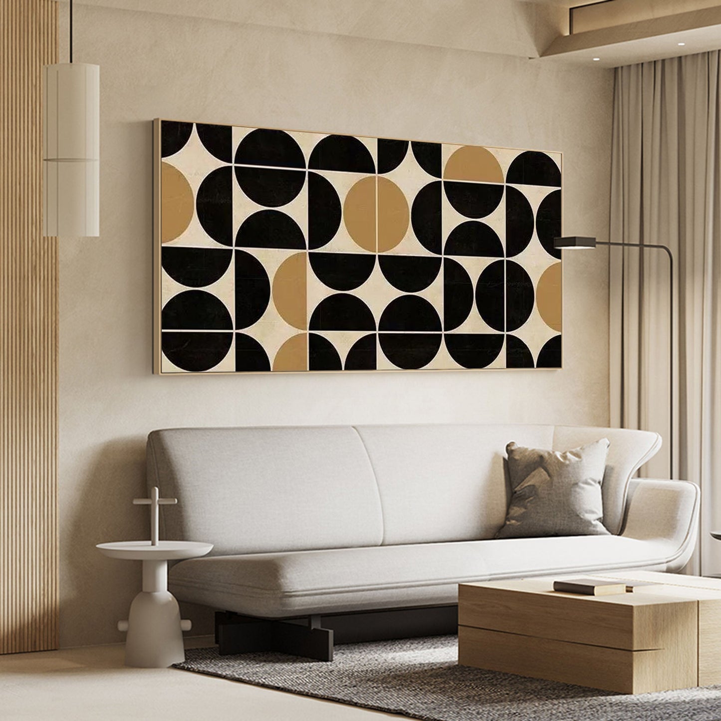 Abstract Geometric Oil Painting in Black, Gold, and Cream for Modern Decor