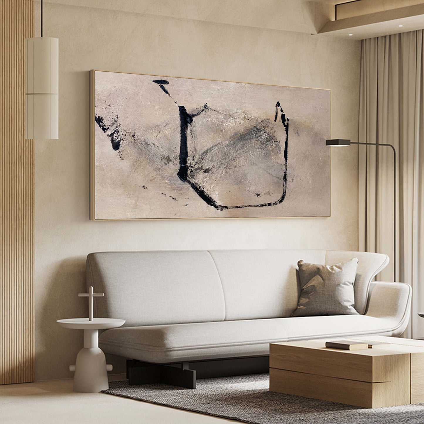 Contemporary Black and Beige Abstract Oil Painting for Modern Home Decor