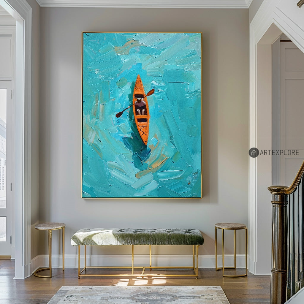 Vibrant Blue Ocean Kayaking Oil Painting for Nautical Home Decor