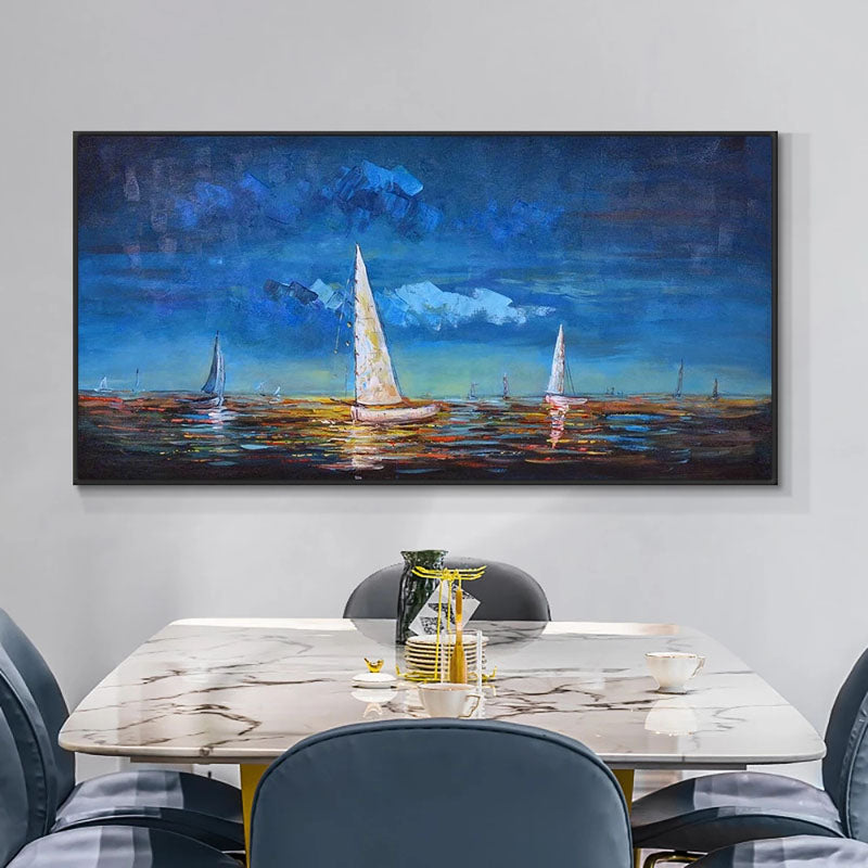 Tranquil Sunset Sail: Ocean View Oil Painting for Serene Home Décor