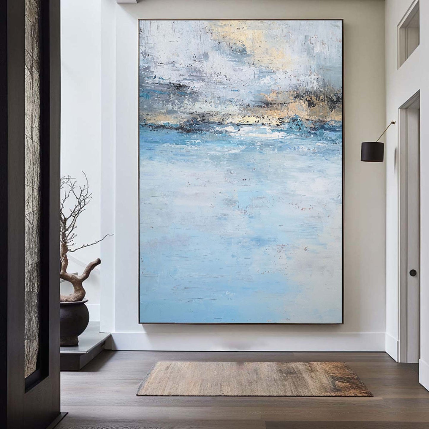 Serene Beach Sunset Oil Painting in Tranquil Blues and Gold Hues