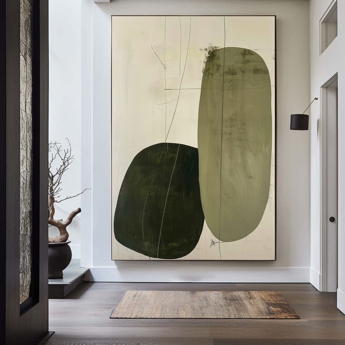 Contemporary Minimalist Oil Painting with Abstract Shapes and Earthy Tones