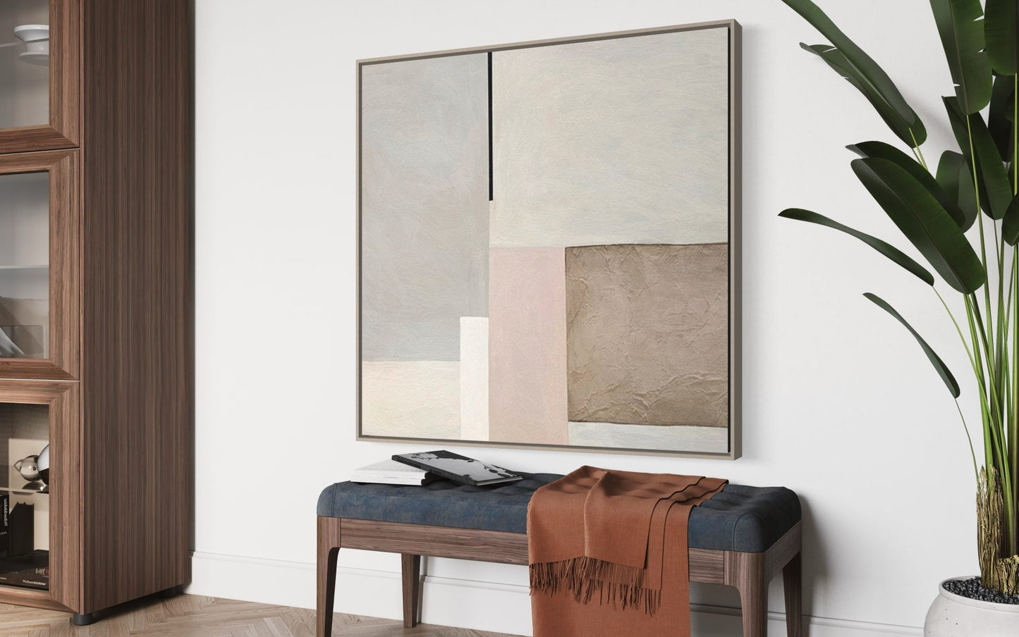 Contemporary Abstract Oil Painting with Muted Tones and Geometric Shapes