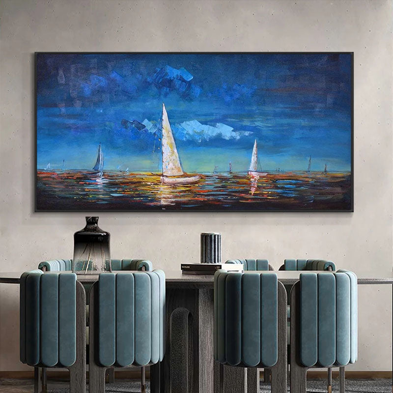 Tranquil Sunset Sail: Ocean View Oil Painting for Serene Home Décor
