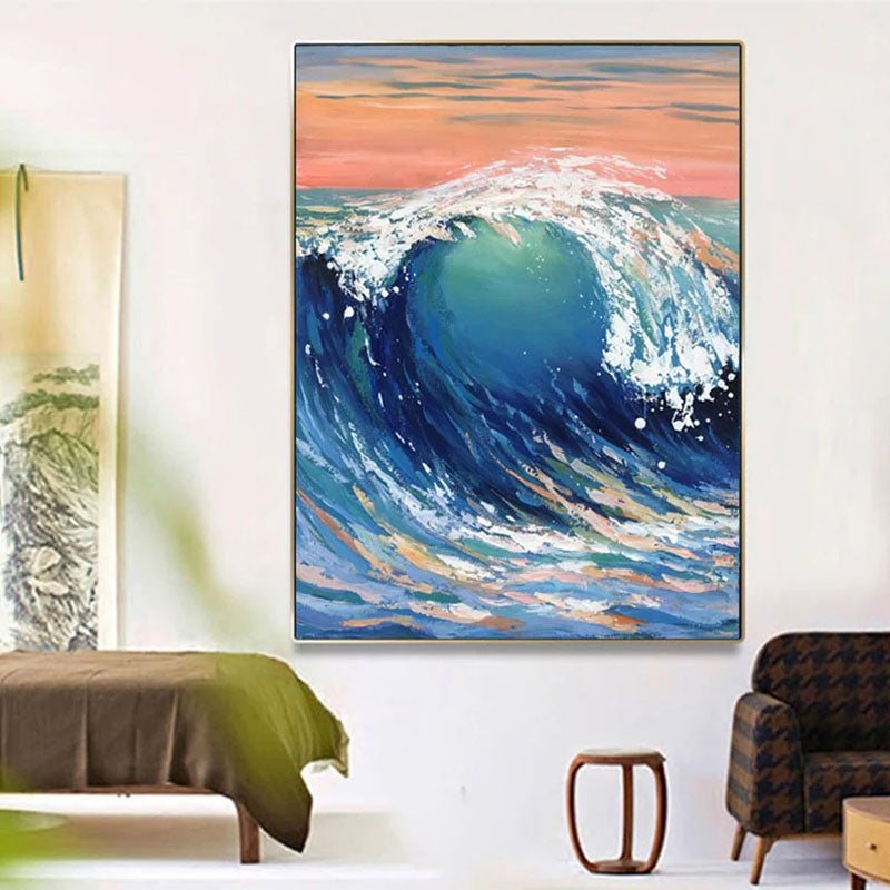 Majestic Ocean Wave Oil Painting with Vibrant Blue and Pink Sunset