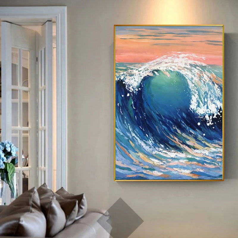 Majestic Ocean Wave Oil Painting with Vibrant Blue and Pink Sunset