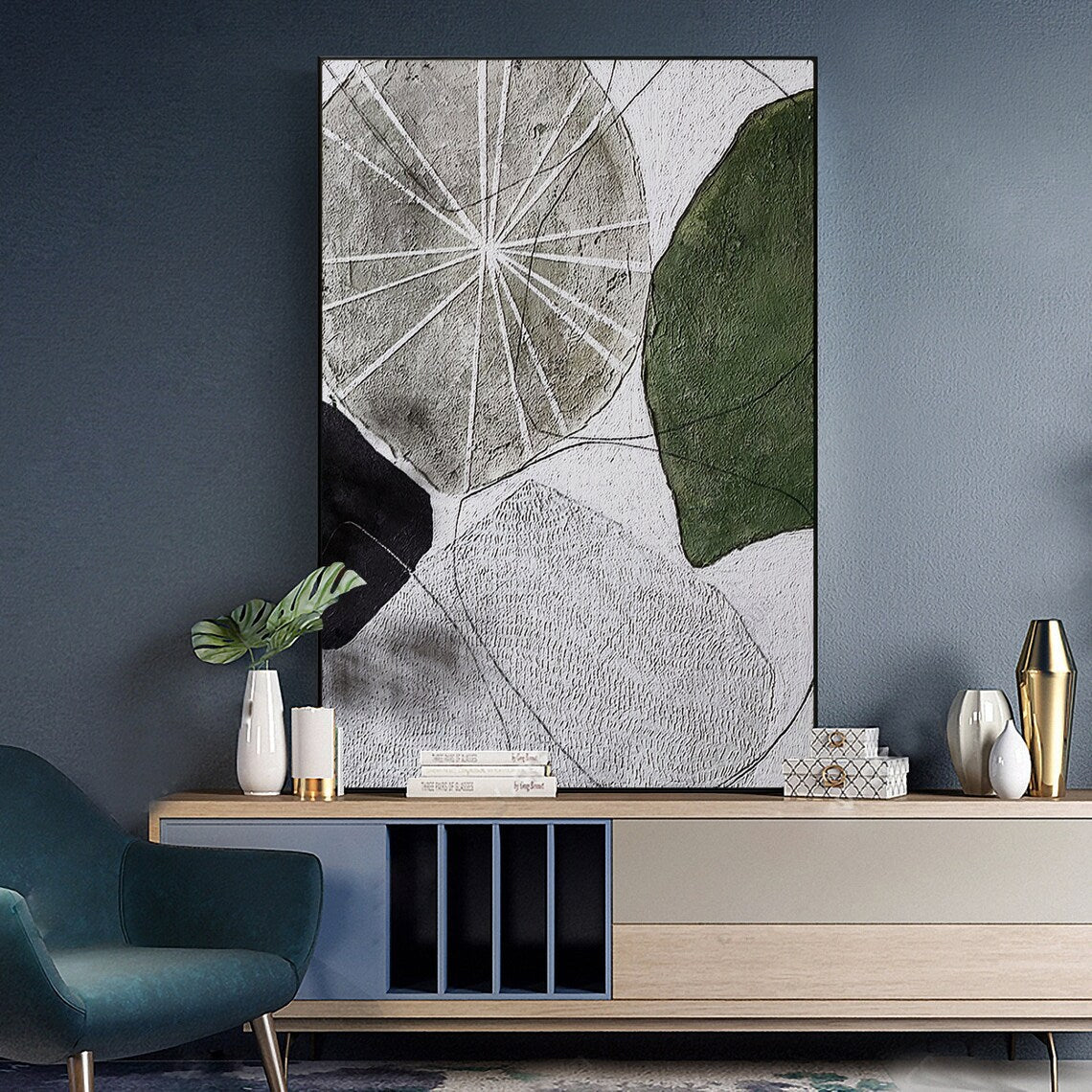 Abstract Nature-Inspired Oil Painting with Geometric Shapes and Earthy Tones