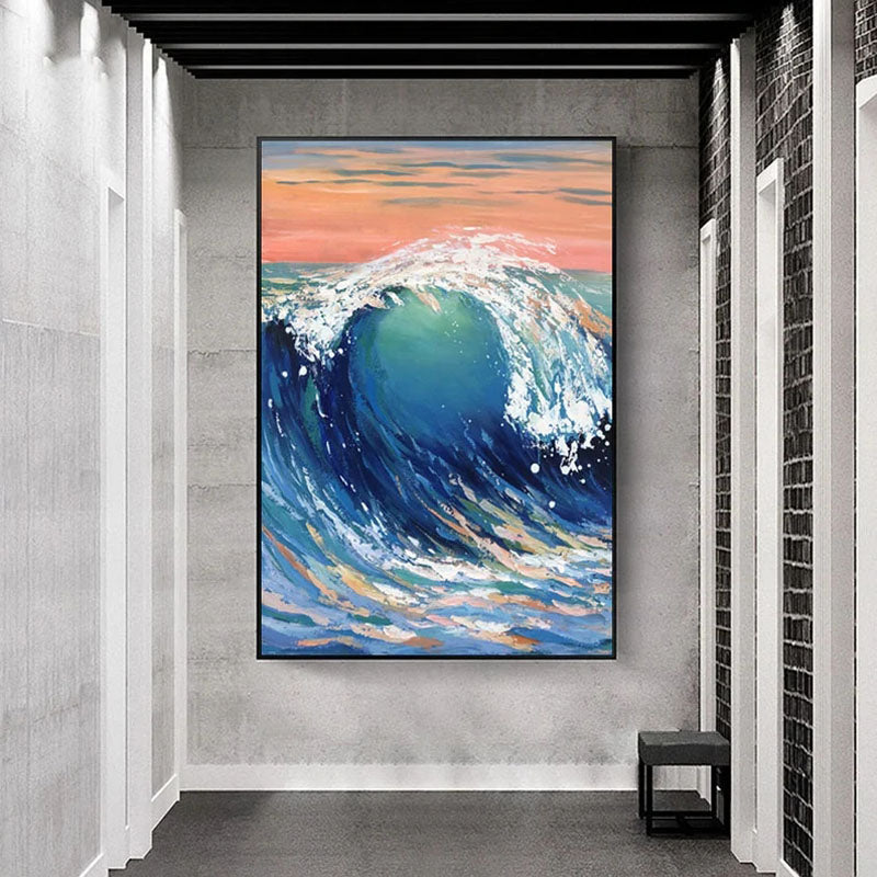 Majestic Ocean Wave Oil Painting with Vibrant Blue and Pink Sunset