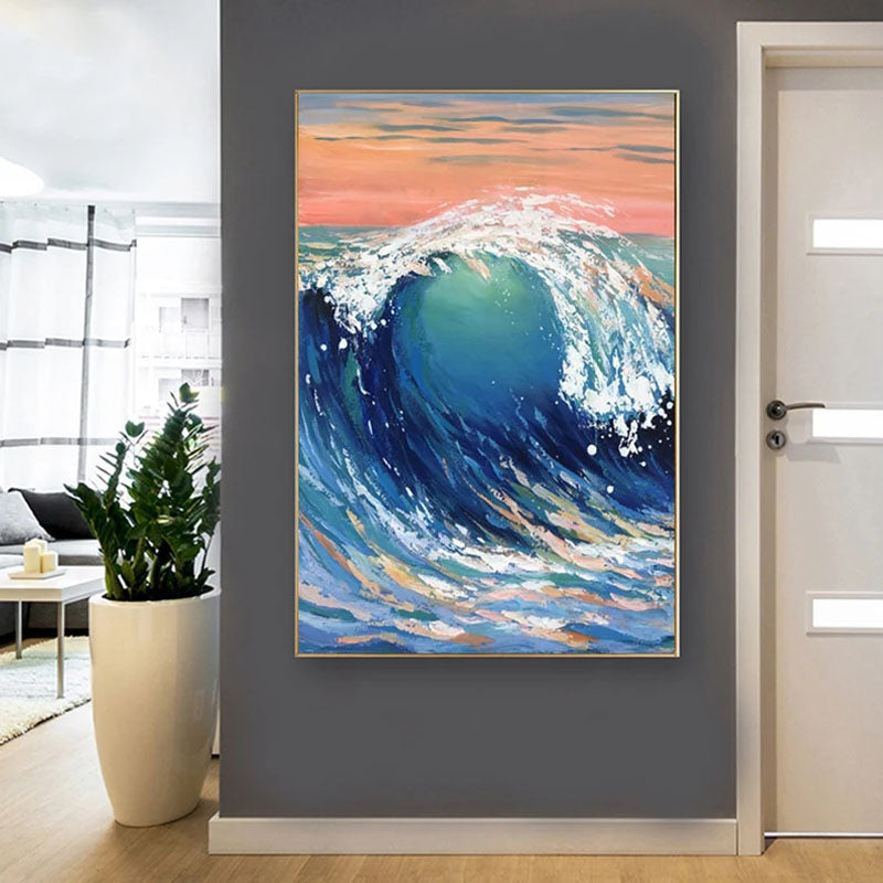 Majestic Ocean Wave Oil Painting with Vibrant Blue and Pink Sunset