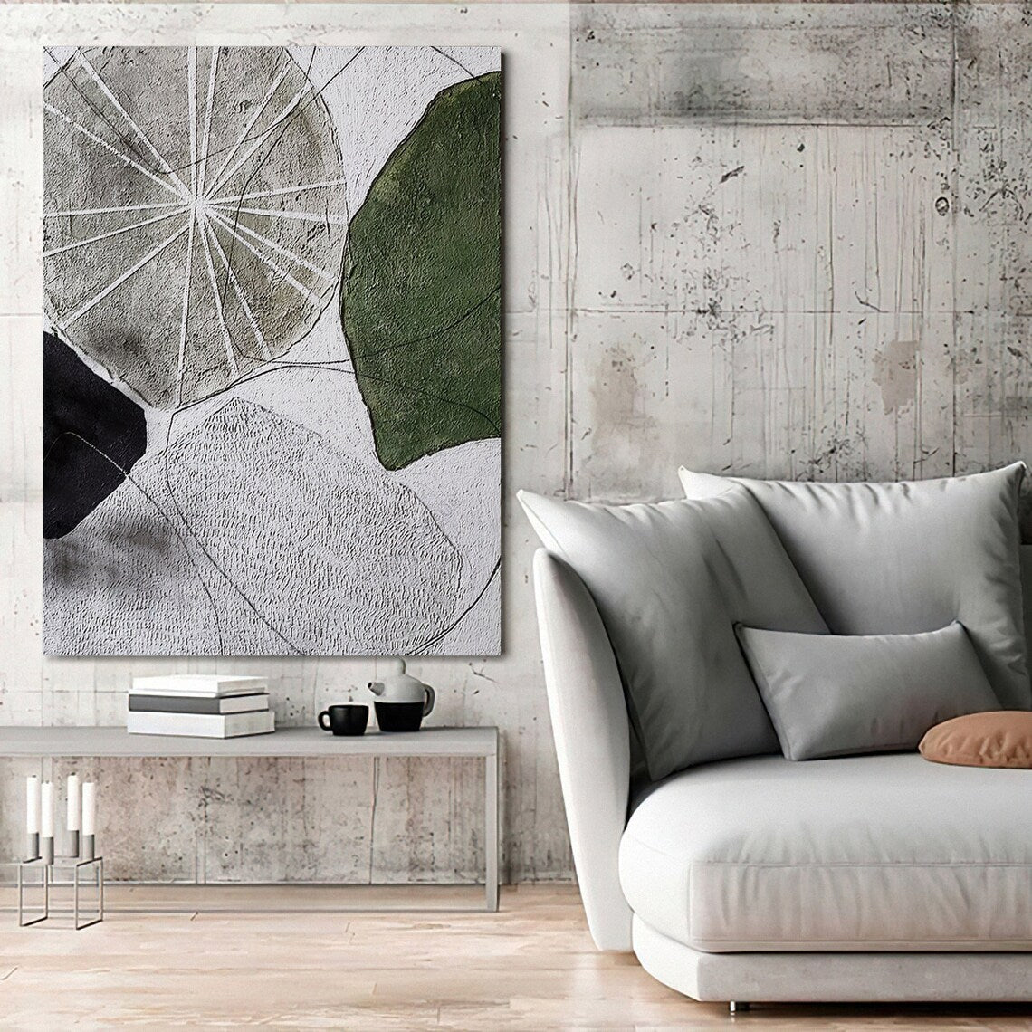 Abstract Nature-Inspired Oil Painting with Geometric Shapes and Earthy Tones