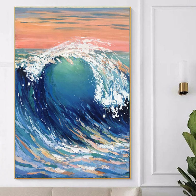 Majestic Ocean Wave Oil Painting with Vibrant Blue and Pink Sunset