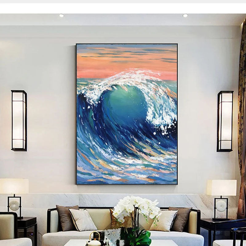 Majestic Ocean Wave Oil Painting with Vibrant Blue and Pink Sunset