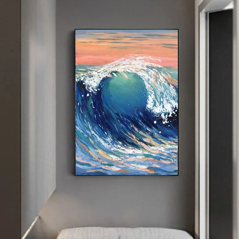 Majestic Ocean Wave Oil Painting with Vibrant Blue and Pink Sunset