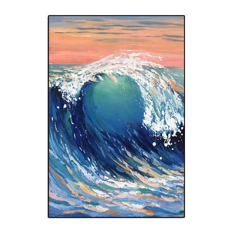 Majestic Ocean Wave Oil Painting with Vibrant Blue and Pink Sunset