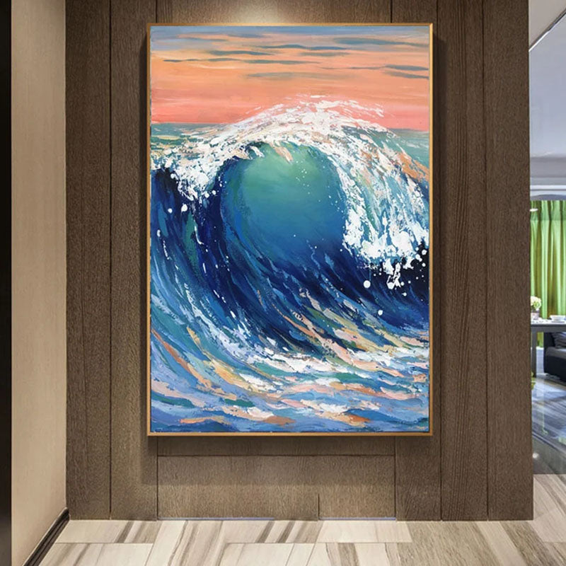 Majestic Ocean Wave Oil Painting with Vibrant Blue and Pink Sunset