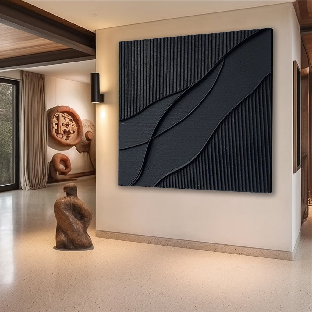 Elegant Black Waves Abstract Oil Painting for Modern Home Decor
