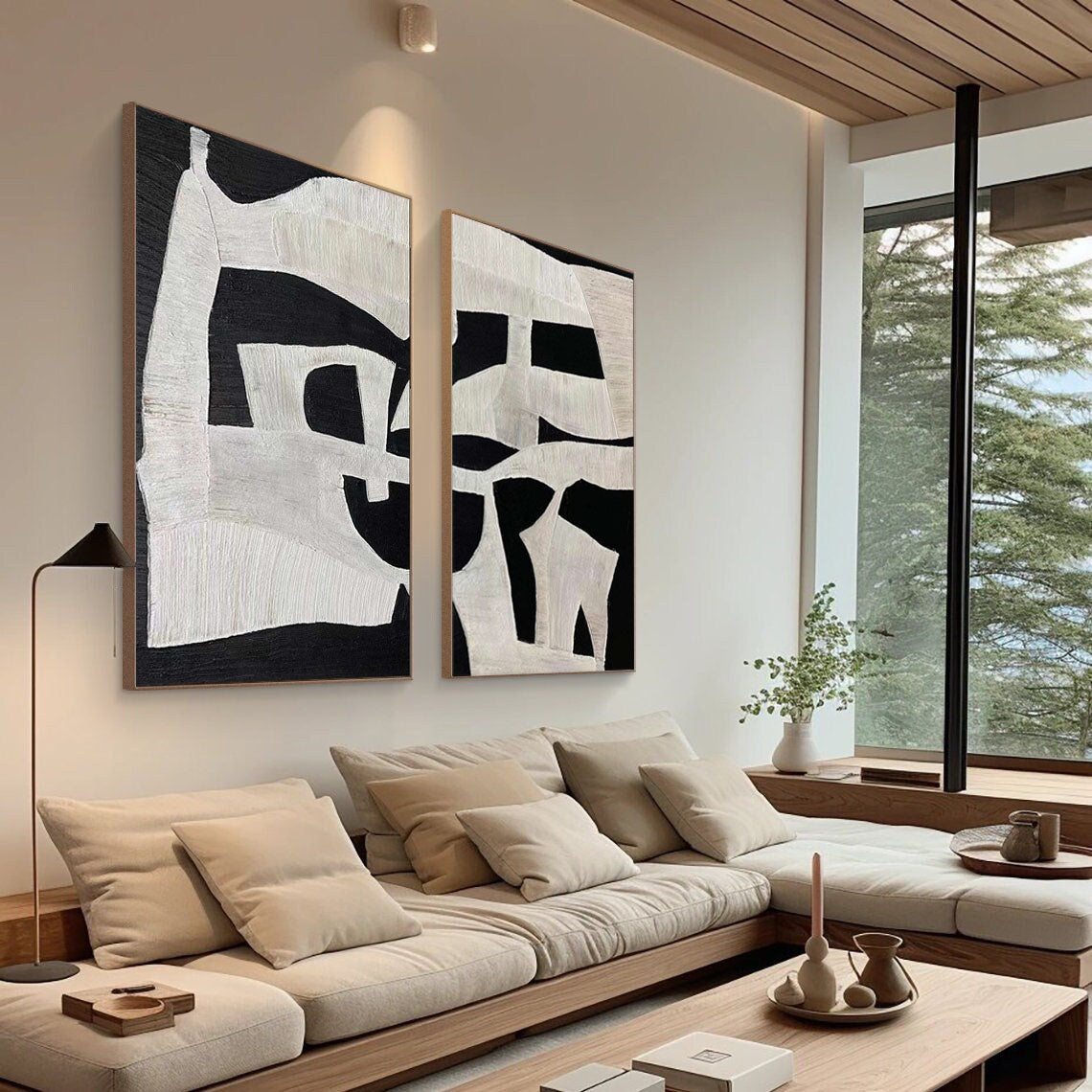 Black and White Abstract Oil Painting Duo – Textured Modern Canvas Art for Contemporary Decor