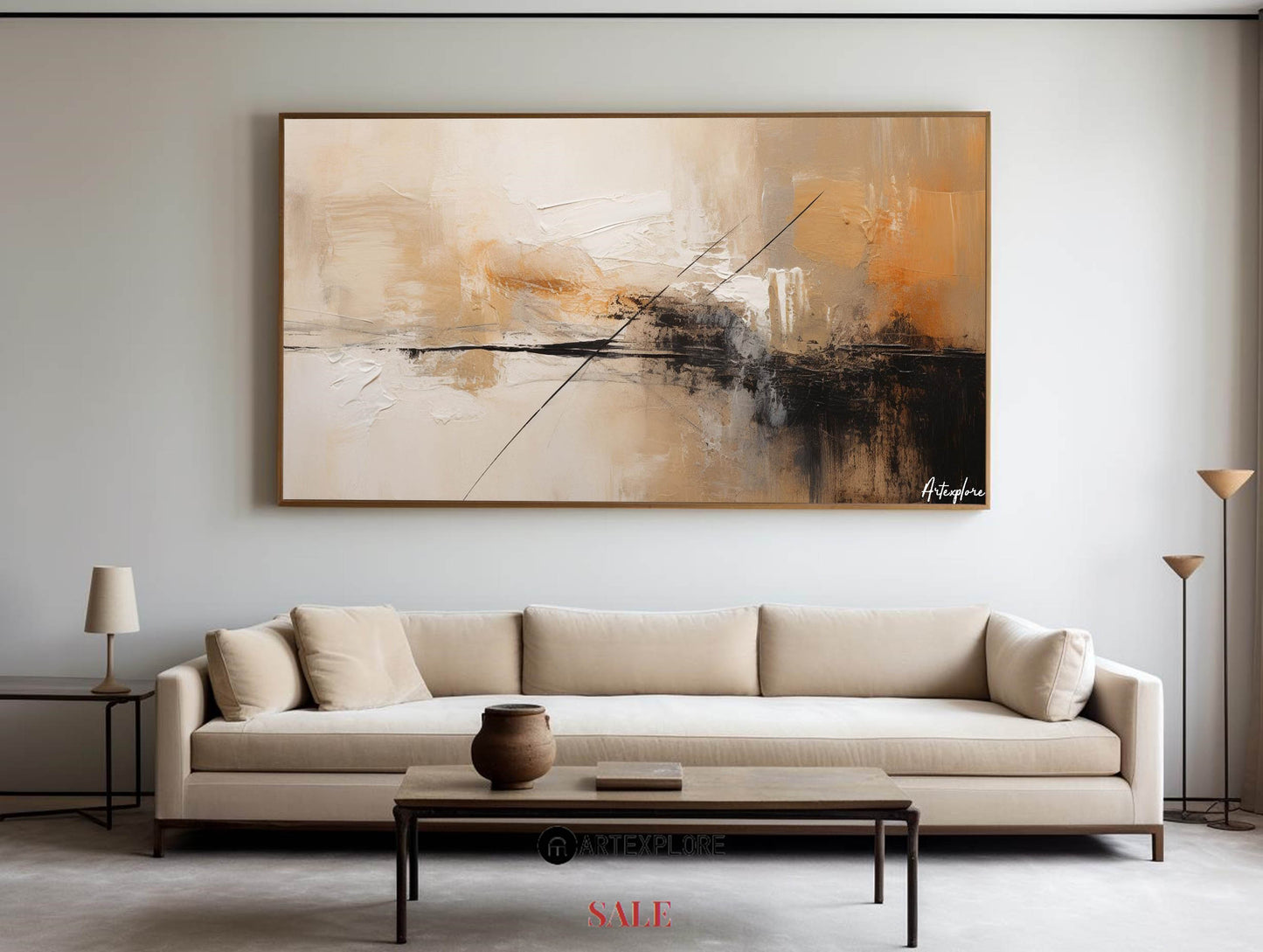 Contemporary Abstract Oil Painting with Earthy Tones and Geometric Lines