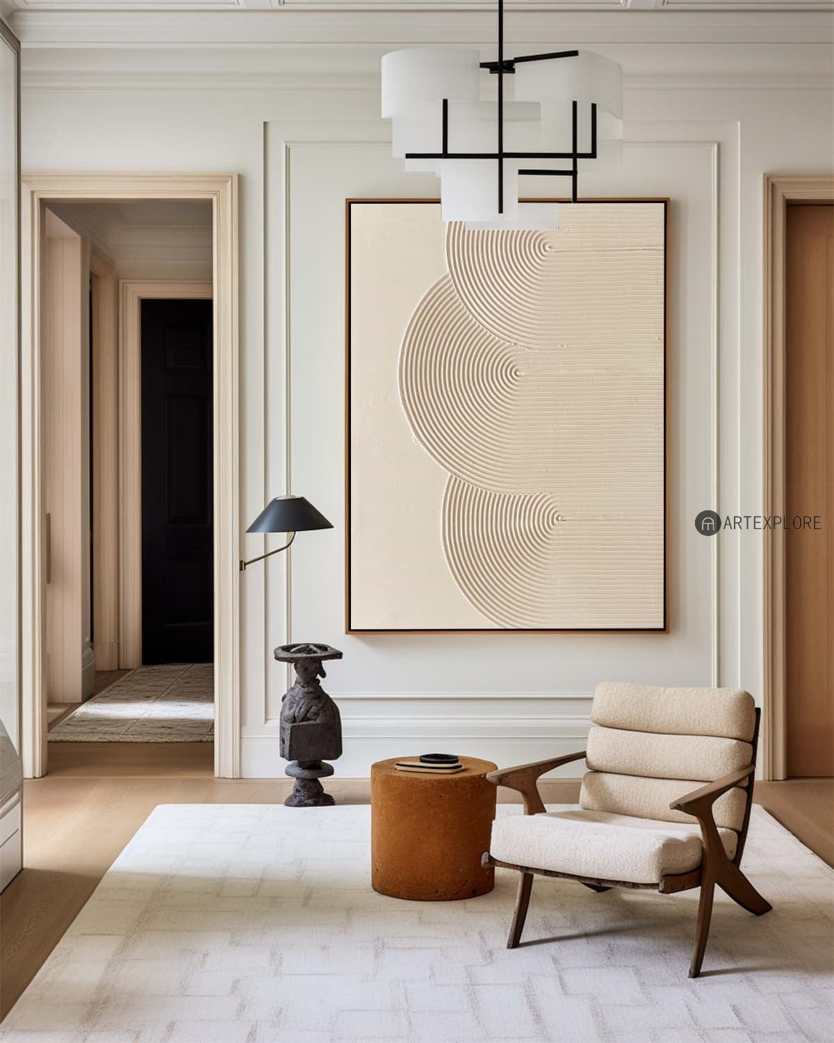 Minimalist Beige Abstract Oil Painting with Geometric Lines for Modern Decor