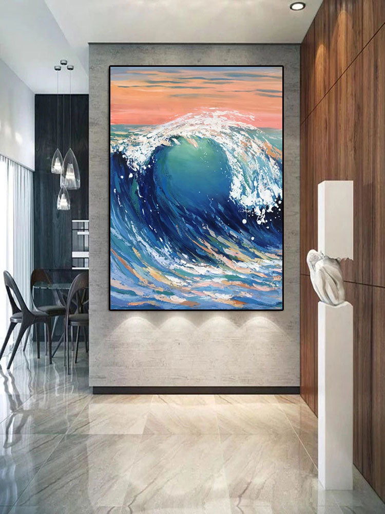 Majestic Ocean Wave Oil Painting with Vibrant Blue and Pink Sunset