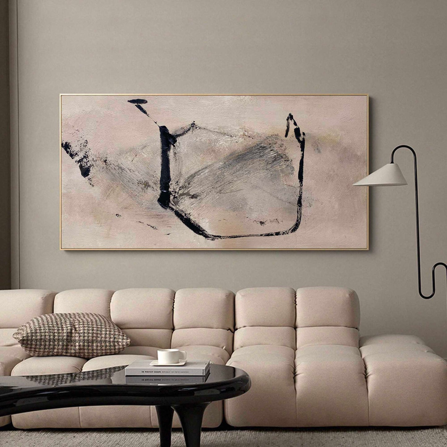 Contemporary Black and Beige Abstract Oil Painting for Modern Home Decor