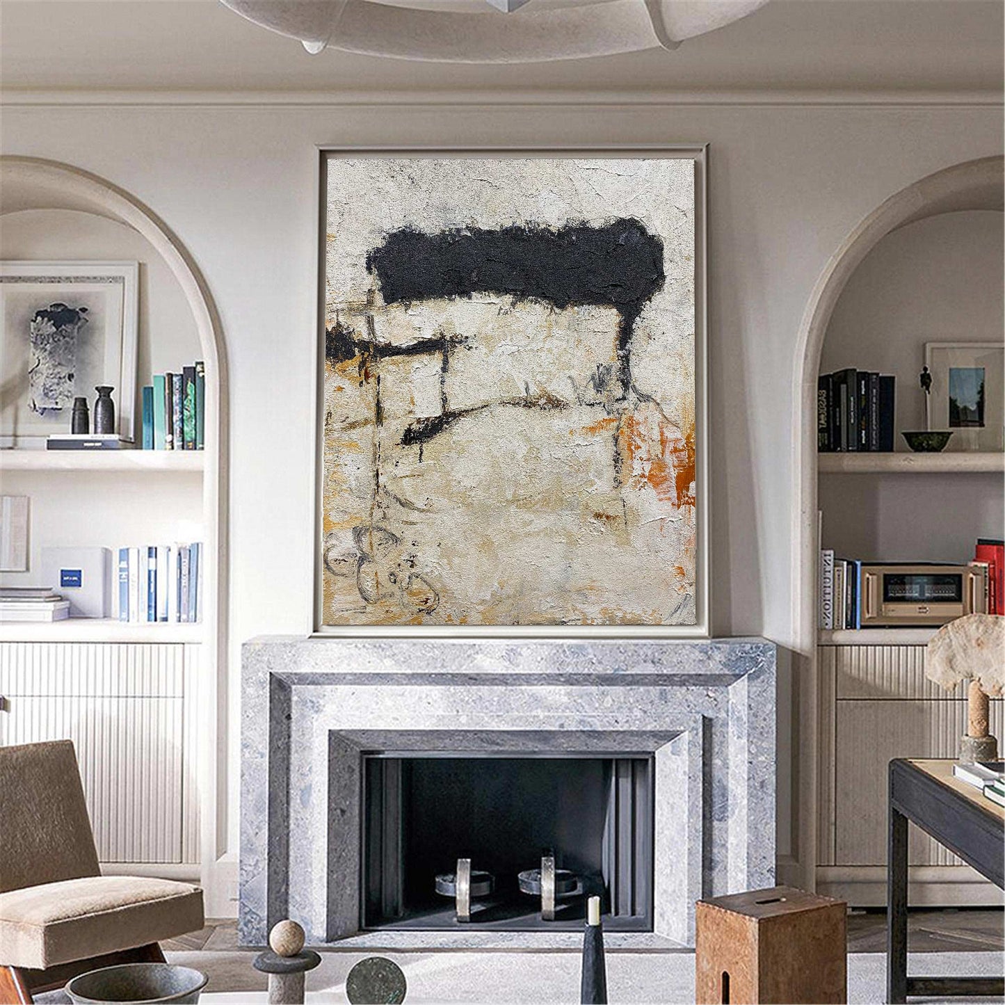 Abstract Black and White Minimalist Oil Painting for Modern Home Décor