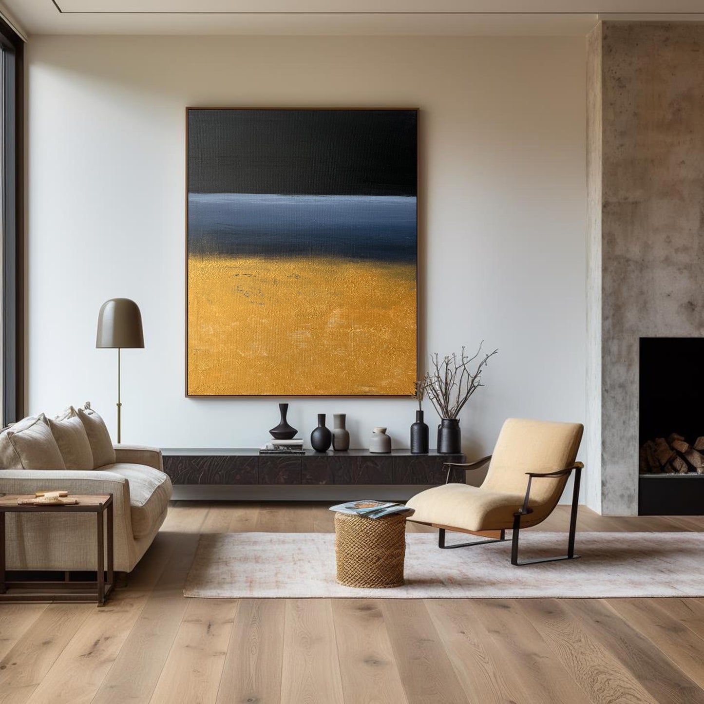Contemporary Abstract Oil Painting with Bold Black and Gold Landscape