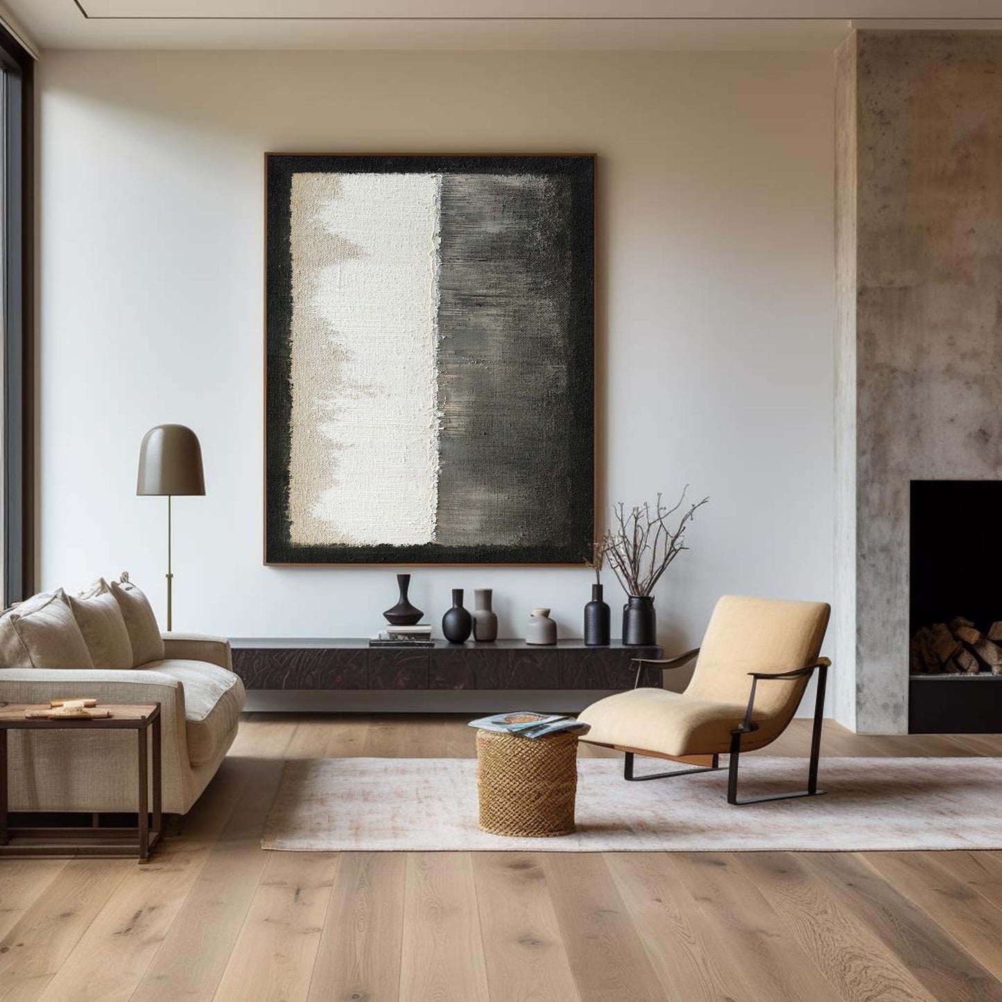 Contemporary Minimalist Oil Painting in Black and White for Modern Interiors