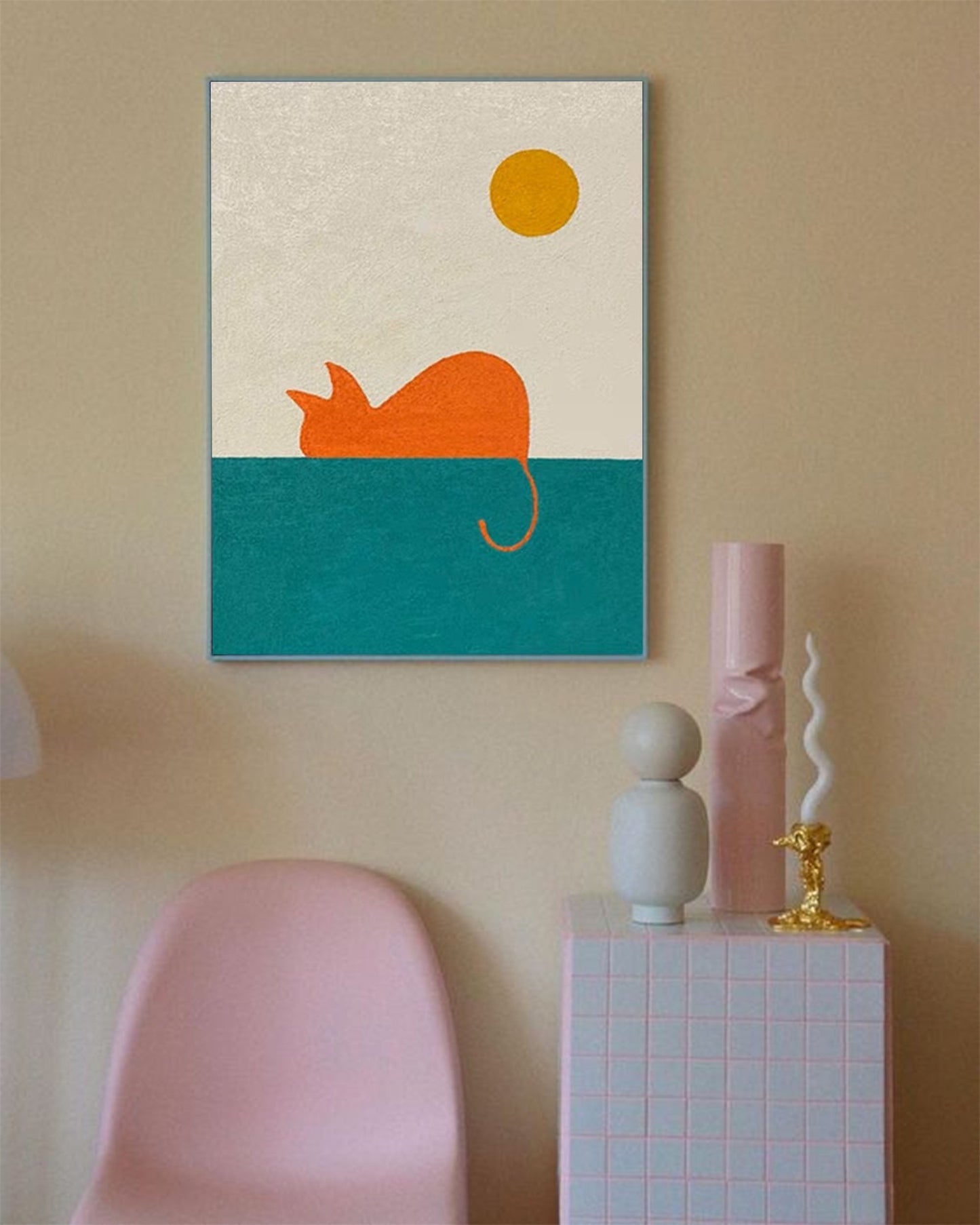 Colorful Cat Oil Painting with Sun and Sea | Abstract Animal Canvas Art for Home Decor