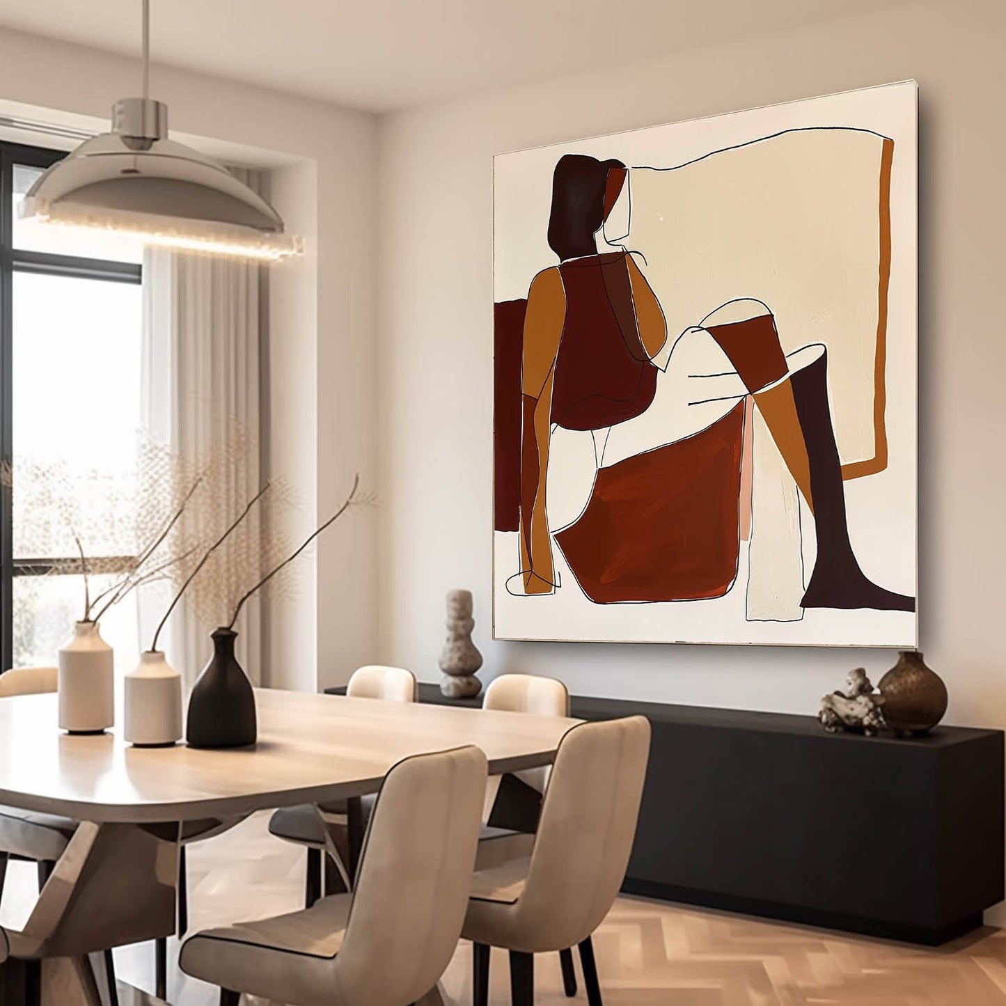 Contemporary Minimalist Oil Painting of Abstract Figures in Earthy Tones