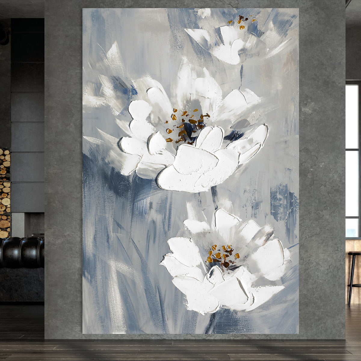Elegant White Floral Oil Painting for Home Decor and Serenity