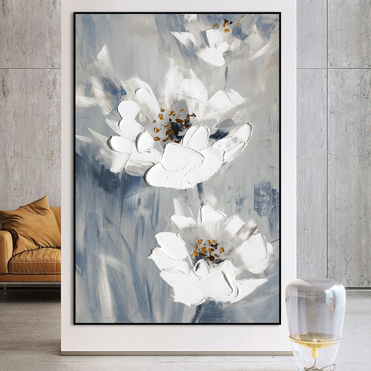 Elegant White Floral Oil Painting for Home Decor and Serenity
