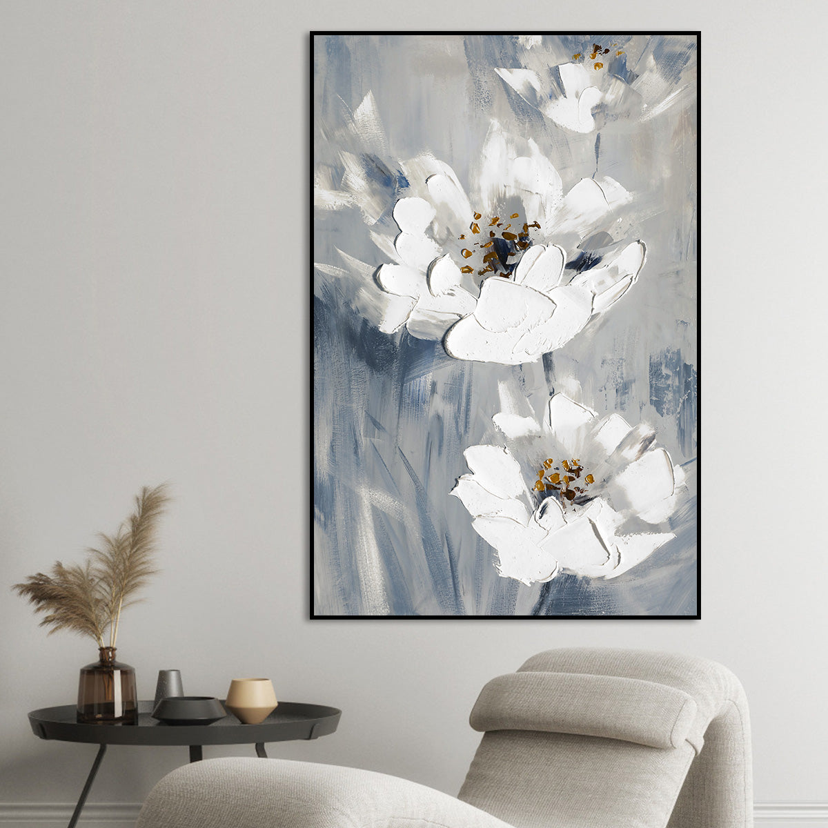 Elegant White Floral Oil Painting for Home Decor and Serenity