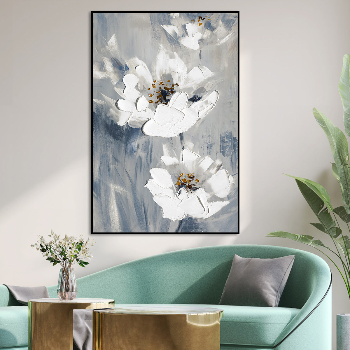Elegant White Floral Oil Painting for Home Decor and Serenity