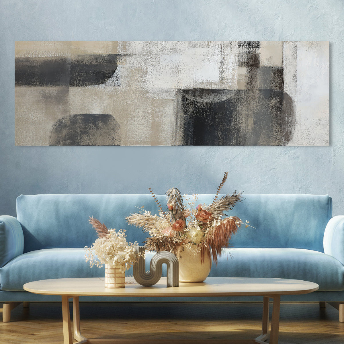 Contemporary Abstract Oil Painting in Beige and Black for Modern Home Decor