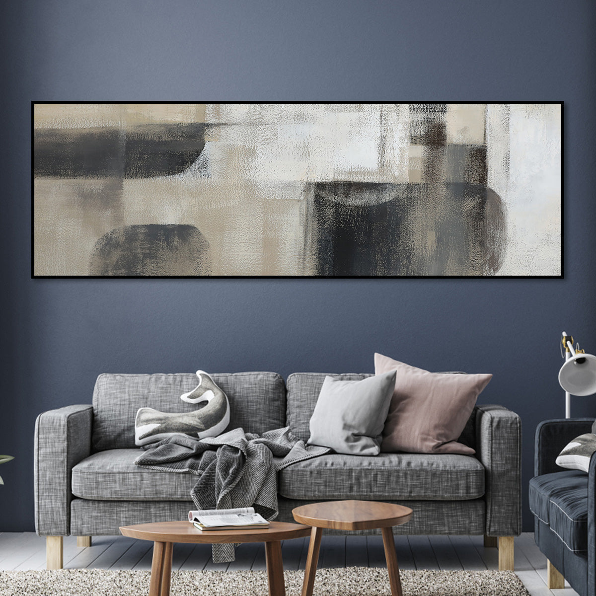 Contemporary Abstract Oil Painting in Beige and Black for Modern Home Decor