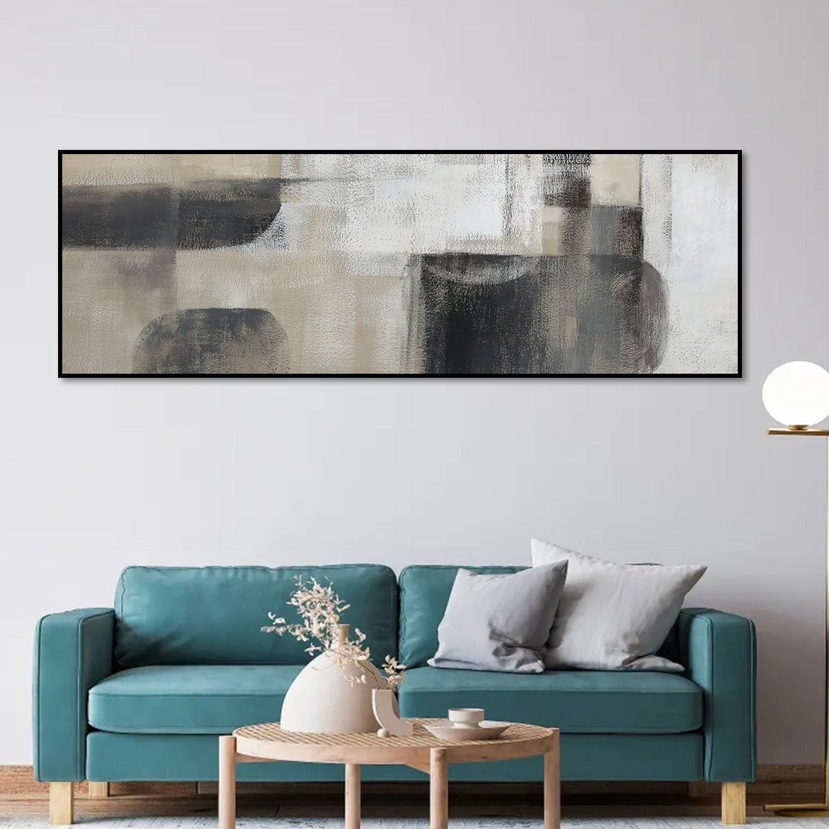 Contemporary Abstract Oil Painting in Beige and Black for Modern Home Decor