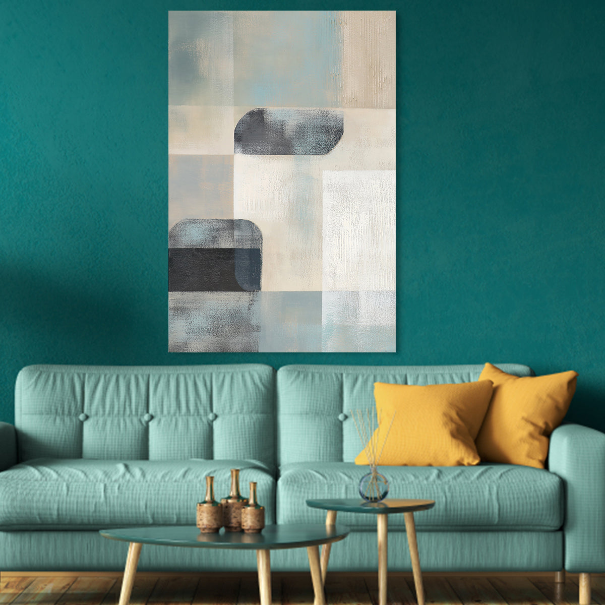 Serene Abstract Oil Painting with Geometric Shapes in Soft Blue and Neutral Tones
