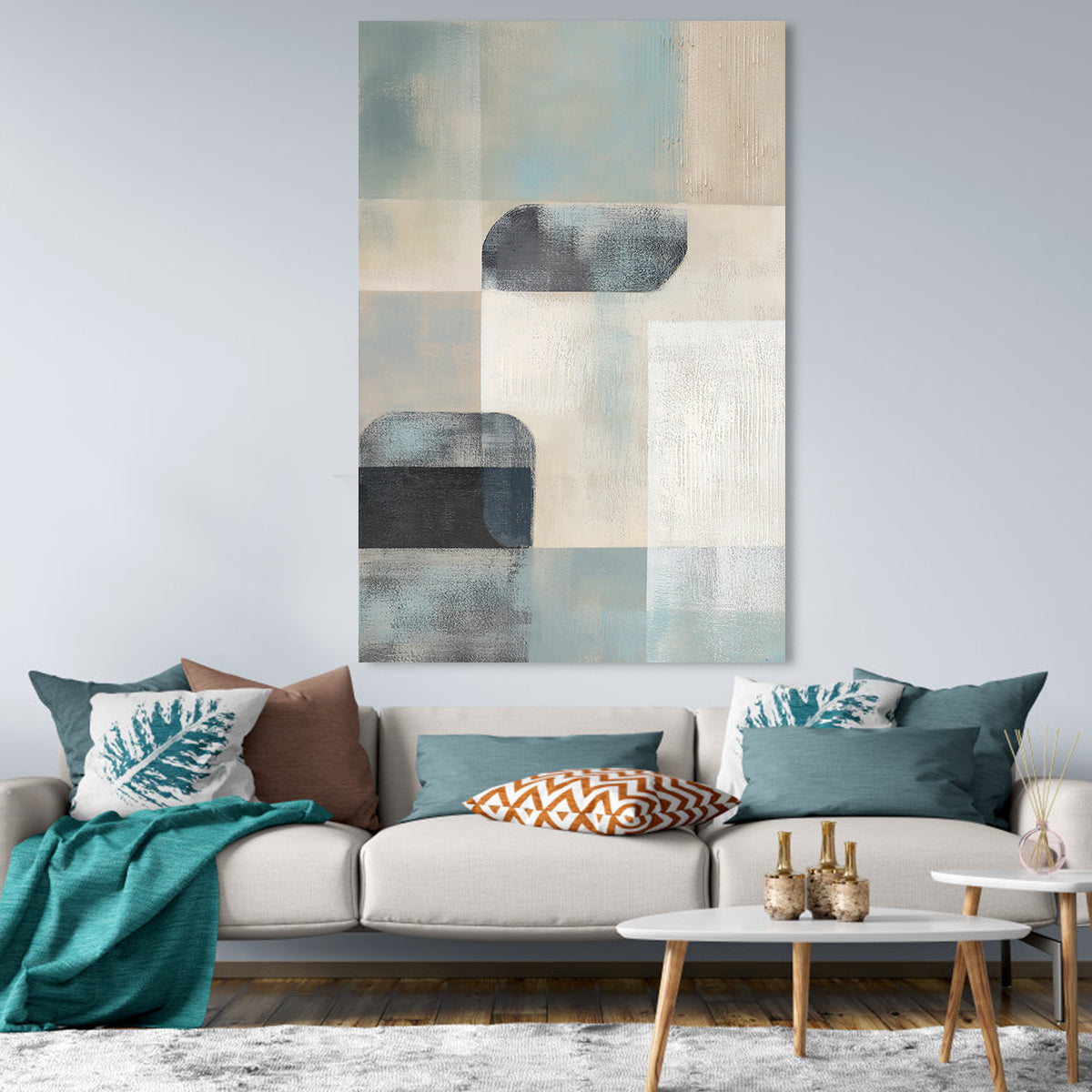 Serene Abstract Oil Painting with Geometric Shapes in Soft Blue and Neutral Tones