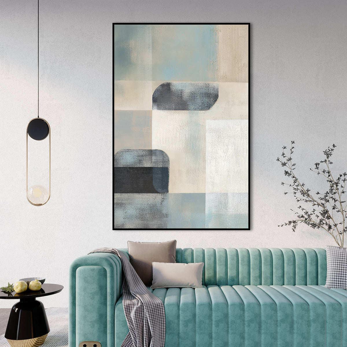 Serene Abstract Oil Painting with Geometric Shapes in Soft Blue and Neutral Tones