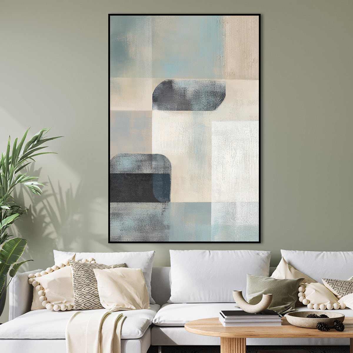 Serene Abstract Oil Painting with Geometric Shapes in Soft Blue and Neutral Tones