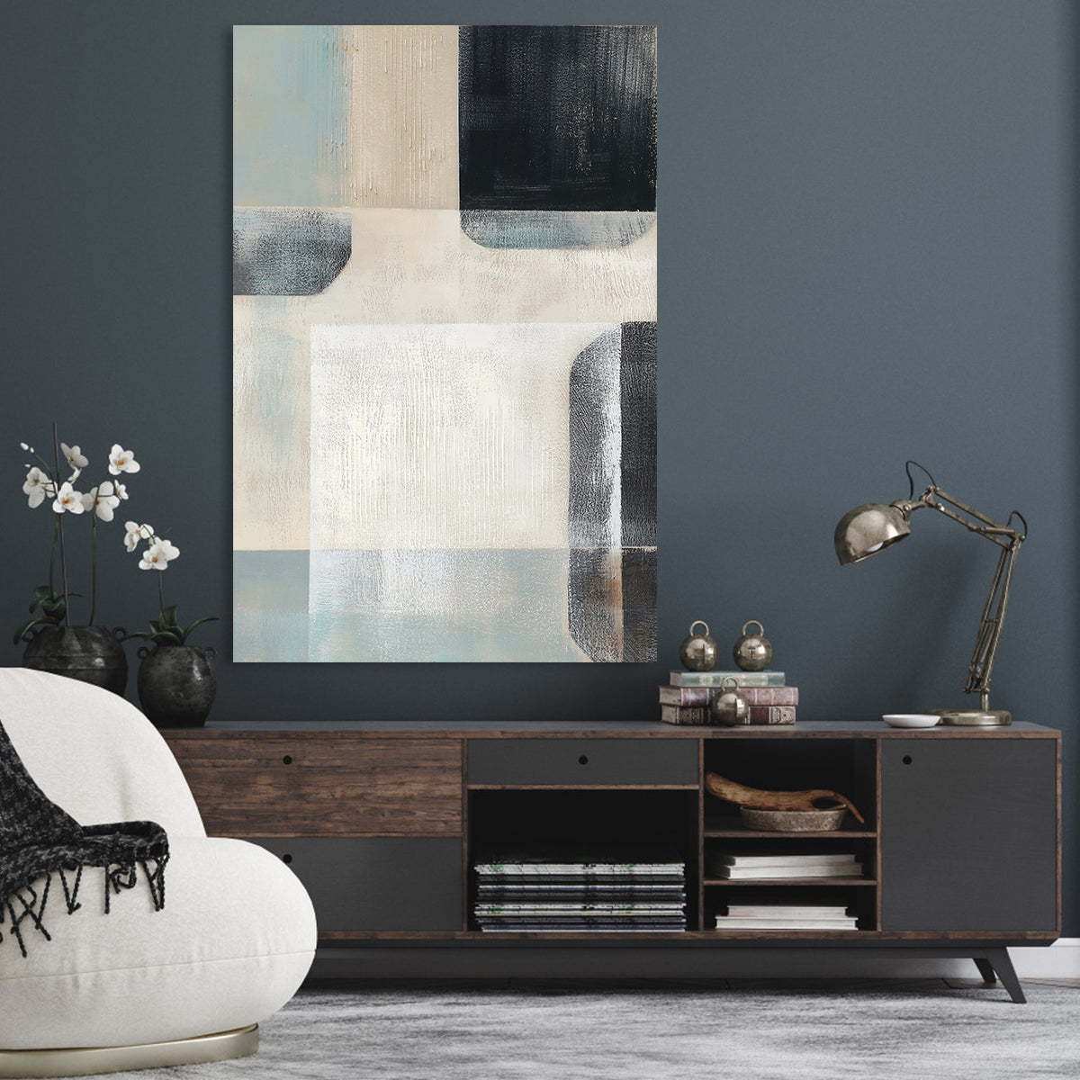 Calm Contemporary Geometric Abstract Oil Painting for Modern Home Decor
