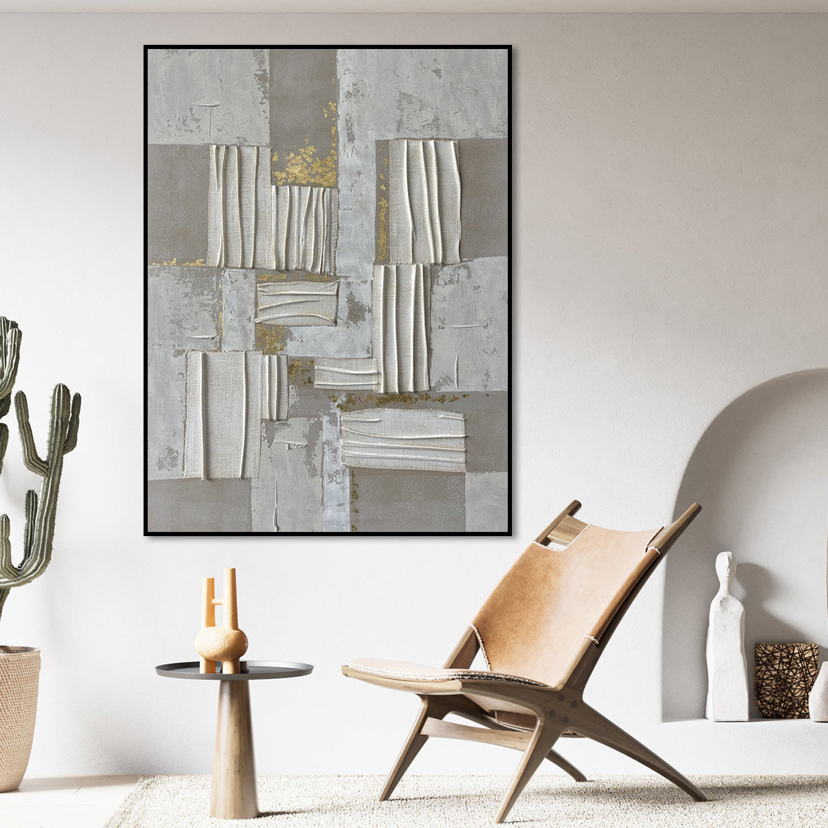 Contemporary Abstract Oil Painting with Gold Accents and Textured Elements