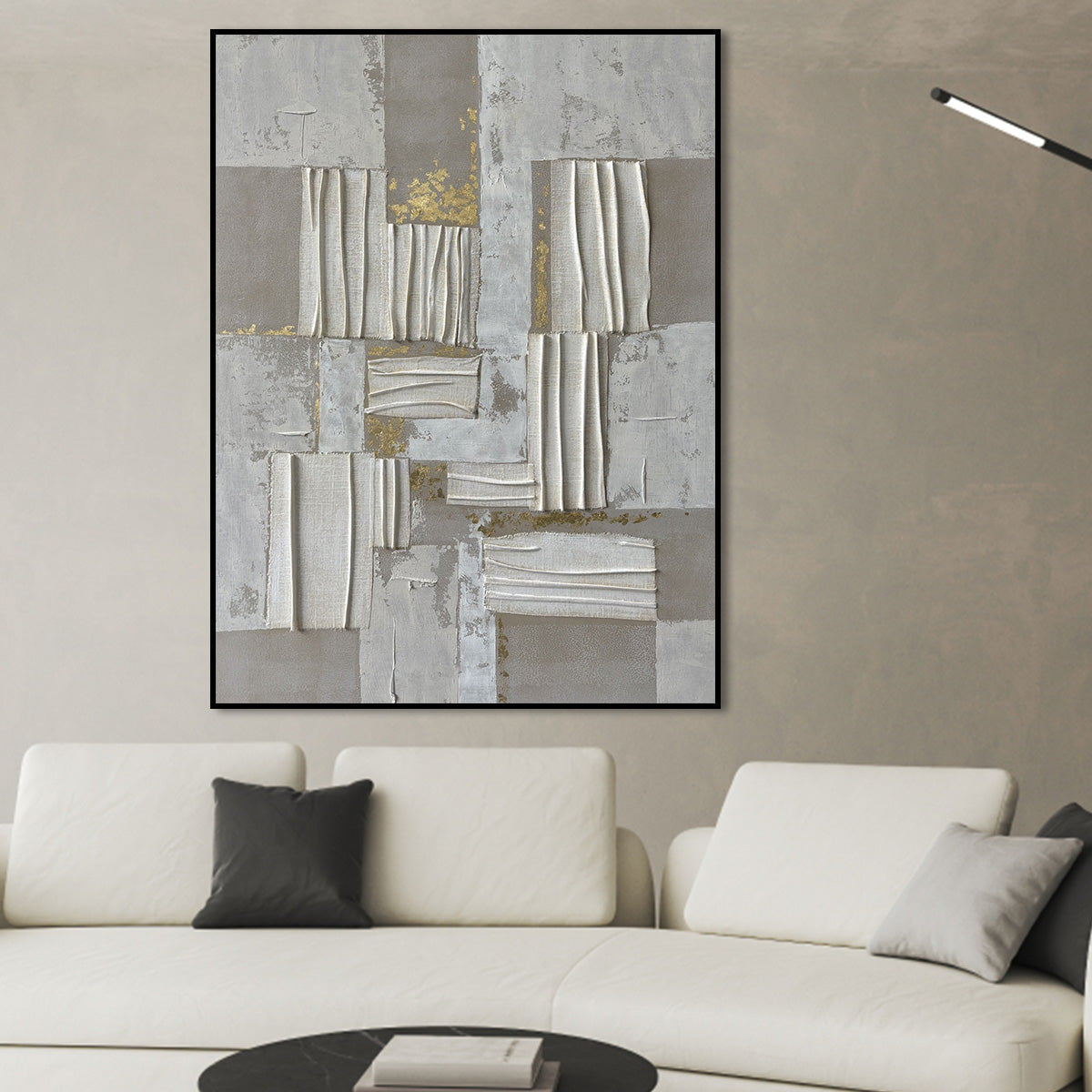 Contemporary Abstract Oil Painting with Gold Accents and Textured Elements