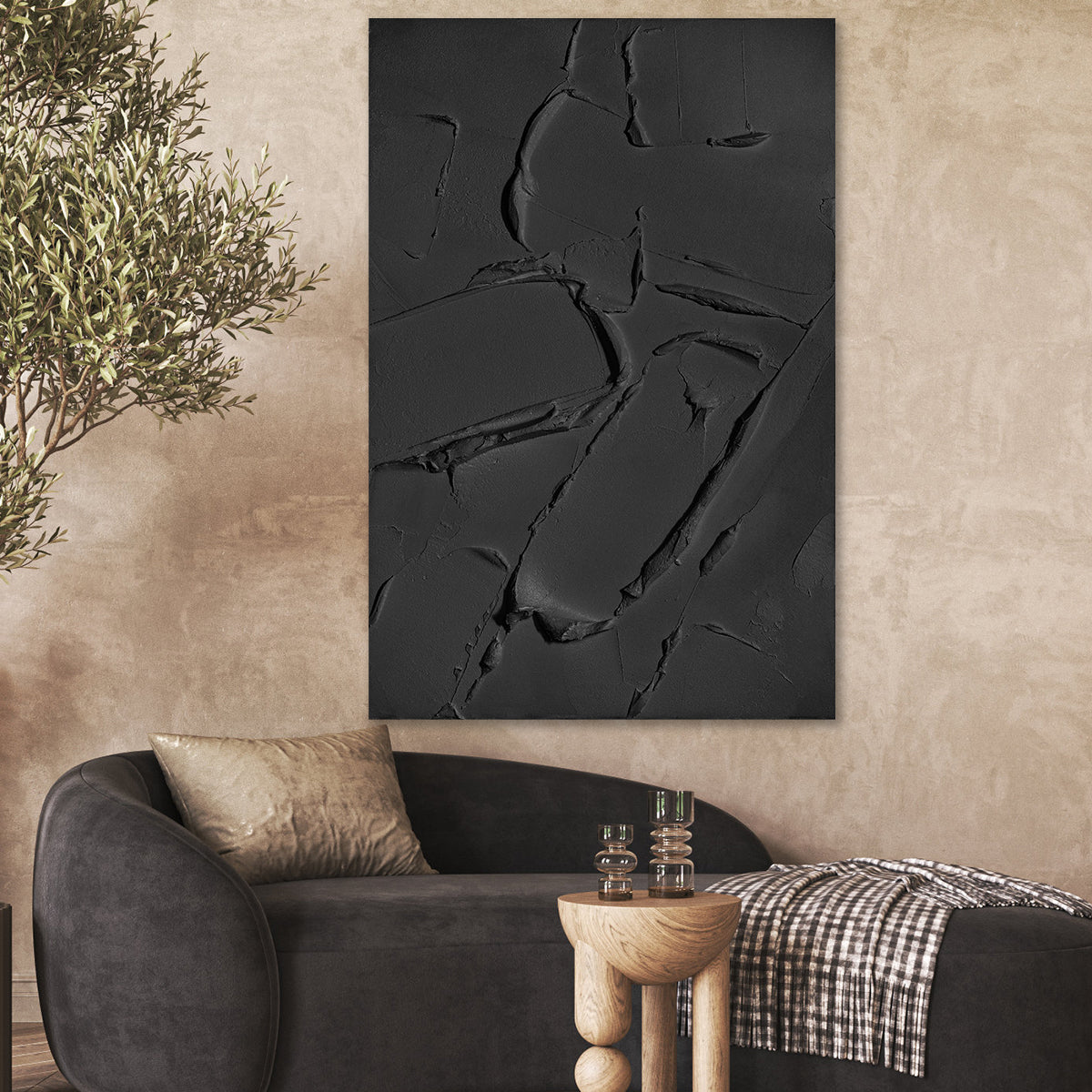 Elegant Black Texture: Modern Minimalist Oil Painting for Contemporary Decor
